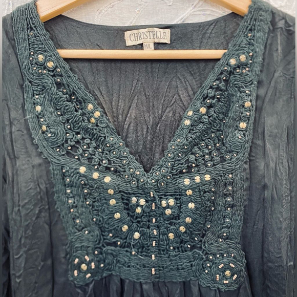 Y2K Christelle Gauze Chiffon Boho Mini Dress Crochet Beaded Detail Size M/L - Picture 4 of 7